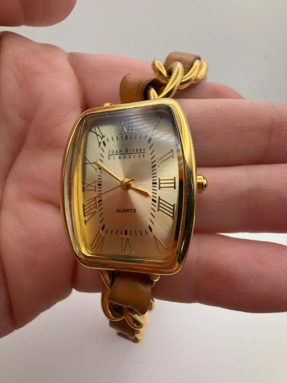 Joan Rivers Classics Collection Gold Tone Tonneau Quartz Watch with Tan Leather